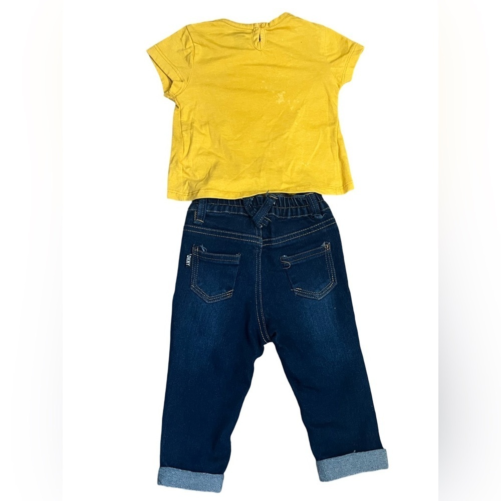 DKNY Girls Matching Set with Yellow T shirt and Denim Jeans. Size: 12M. - Picture 6 of 7